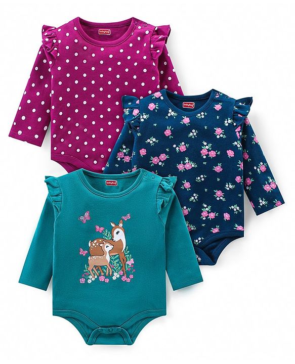 Babyhug 100% Cotton Interlock Knit Full Sleeves Onesies With Polka Dot & Floral Print Pack of 3 - Purple Green & Navy