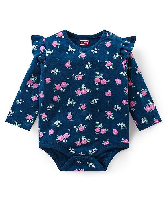 Babyhug 100% Cotton Interlock Knit Full Sleeves Onesies With Polka Dot & Floral Print Pack of 3 - Purple Green & Navy