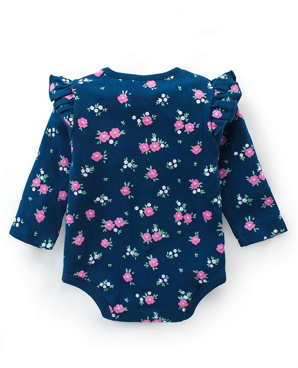 Babyhug 100% Cotton Interlock Knit Full Sleeves Onesies With Polka Dot & Floral Print Pack of 3 - Purple Green & Navy