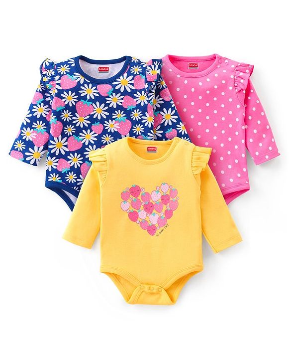 Babyhug 100% Cotton Interlock Full Sleeves Onesies Polka Dots & Floral Print Pack of 3 - Multicolour