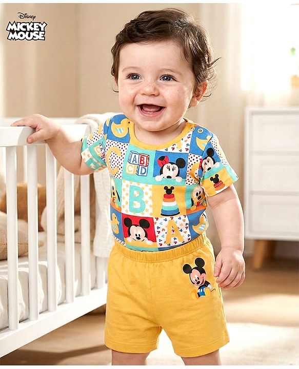 Babyhug Disney Cotton Knit Half Sleeves Onesie with Shorts Mickey Mouse Print - Multicolour