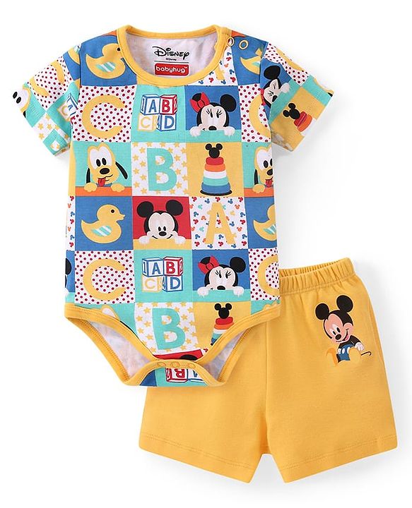 Babyhug Disney Cotton Knit Half Sleeves Onesie with Shorts Mickey Mouse Print - Multicolour