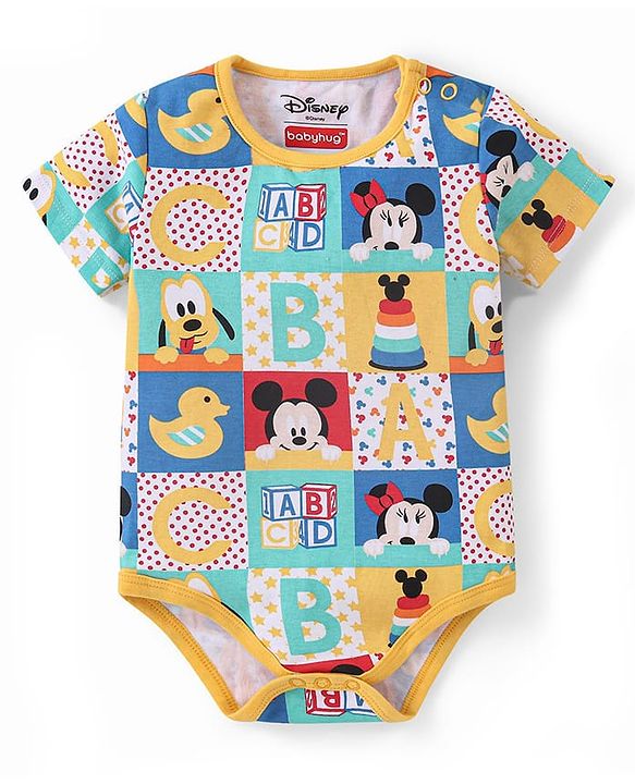 Babyhug Disney Cotton Knit Half Sleeves Onesie with Shorts Mickey Mouse Print - Multicolour