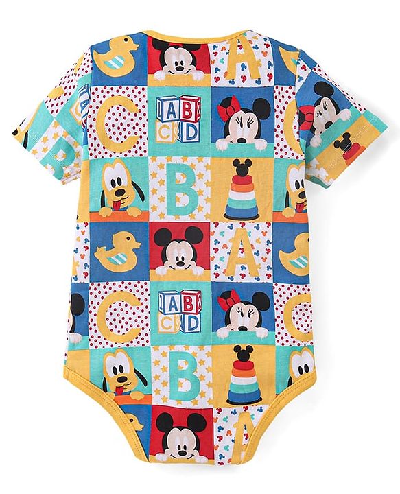 Babyhug Disney Cotton Knit Half Sleeves Onesie with Shorts Mickey Mouse Print - Multicolour