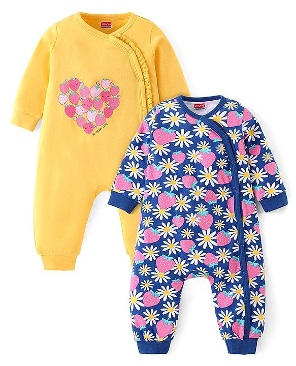Babyhug 100% Interlock Cotton Knit Full Sleeves Rompers With Strawberries & Floral Print Pack of 2 - Yellow & Blue