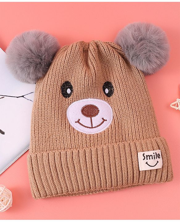 Babyhug Woollen Cap with Bear Design & 3D Applique - Brown