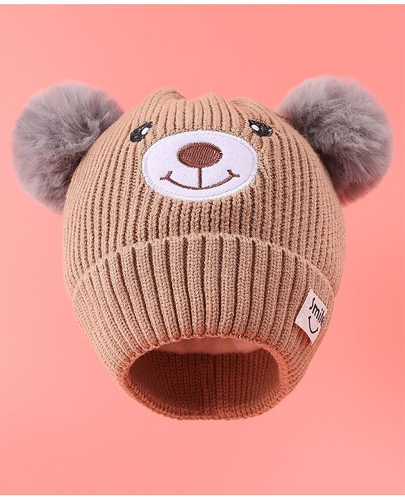 Babyhug Woollen Cap with Bear Design & 3D Applique - Brown