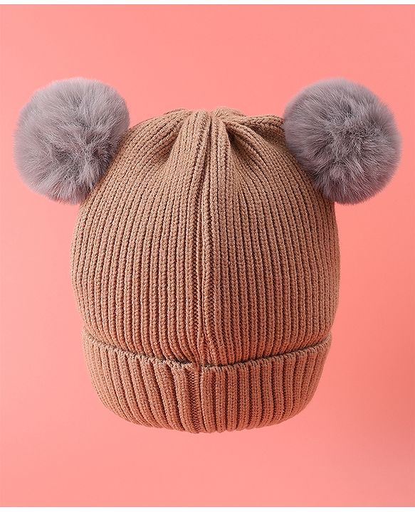 Babyhug Woollen Cap with Bear Design & 3D Applique - Brown