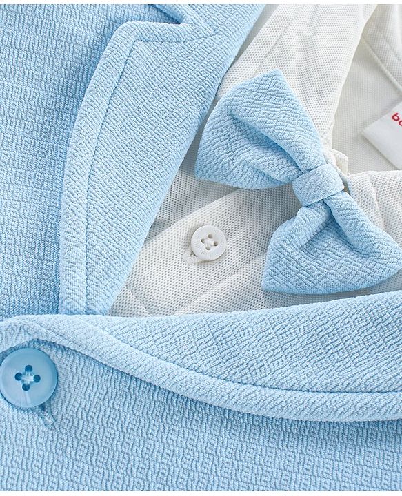 Babyhug Knit Half Sleeves Solid T-Shirt & Trouser with Attached Bow & Waist Coat- Light Blue
