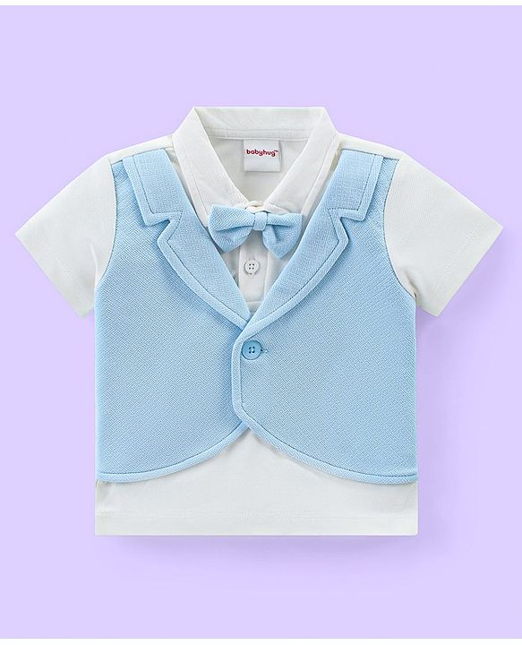 Babyhug Knit Half Sleeves Solid T-Shirt & Trouser with Attached Bow & Waist Coat- Light Blue