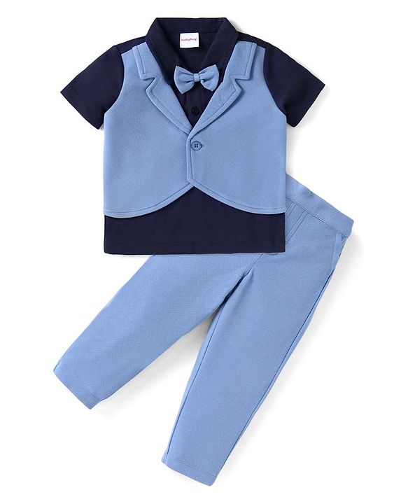 Babyhug Half Sleeves Solid Color T-Shirt & Bottom Set with Waistcoat & Bow Applique - Purple & Blue
