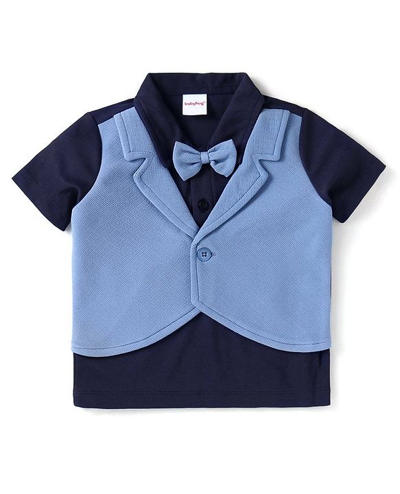 Babyhug Half Sleeves Solid Color T-Shirt & Bottom Set with Waistcoat & Bow Applique - Purple & Blue