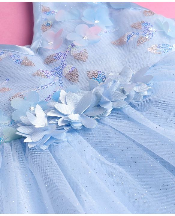 Babyhug Woven Sleeveless Fit and Flare Mesh Party Frock With Sequinned Detailing & Floral 3D Applique - Light Blue
