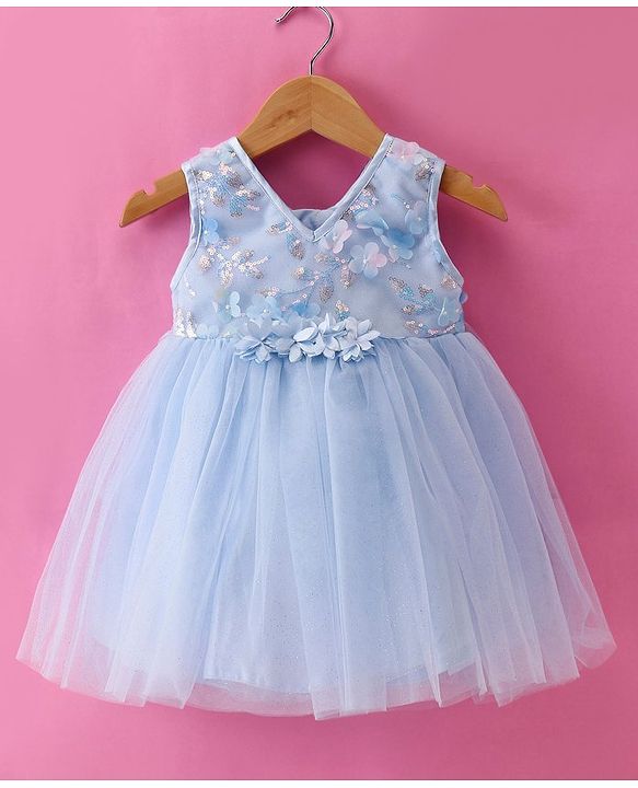 Babyhug Woven Sleeveless Fit and Flare Mesh Party Frock With Sequinned Detailing & Floral 3D Applique - Light Blue