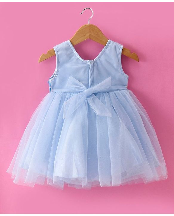Babyhug Woven Sleeveless Fit and Flare Mesh Party Frock With Sequinned Detailing & Floral 3D Applique - Light Blue