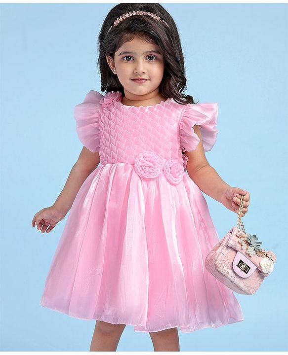 Babyhug Woven Frill Sleeves Solid Textured Dress with Bow Applique - Pink