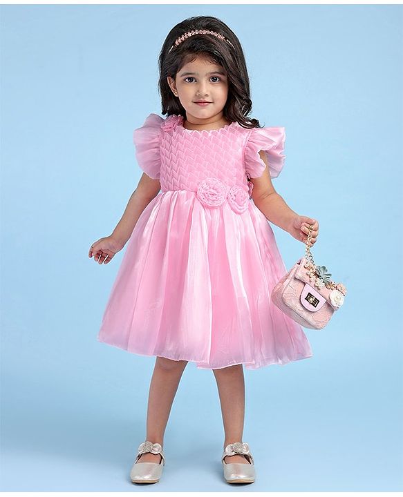 Babyhug Woven Frill Sleeves Solid Textured Dress with Bow Applique - Pink