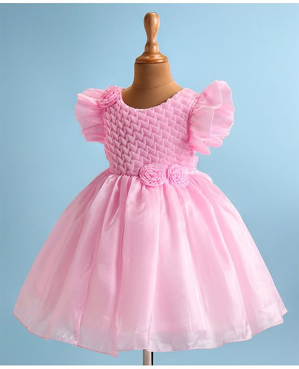 Babyhug Woven Frill Sleeves Solid Textured Dress with Bow Applique - Pink
