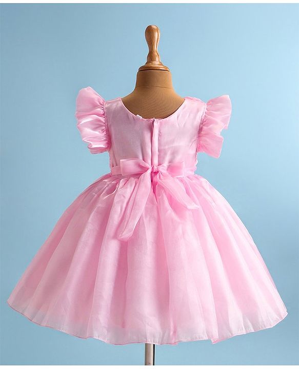 Babyhug Woven Frill Sleeves Solid Textured Dress with Bow Applique - Pink