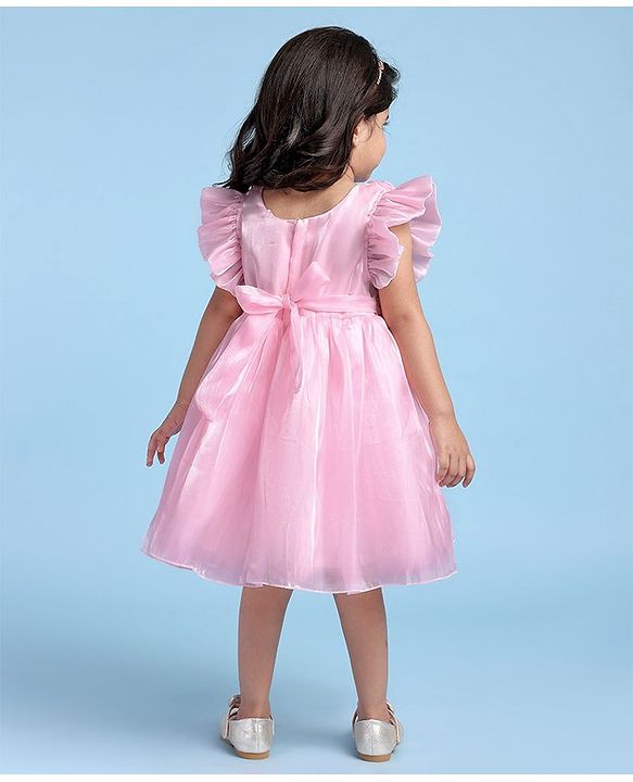 Babyhug Woven Frill Sleeves Solid Textured Dress with Bow Applique - Pink