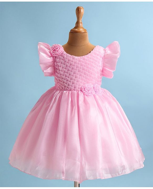 Babyhug Woven Frill Sleeves Solid Textured Dress with Bow Applique - Pink