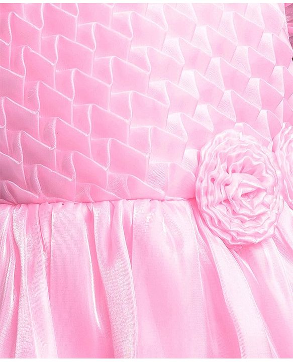 Babyhug Woven Frill Sleeves Solid Textured Dress with Bow Applique - Pink