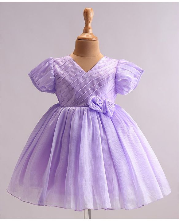 Babyhug Woven Half Puffed Sleeves Fit & Flared Party Frock with Floral Corsage - Lavender