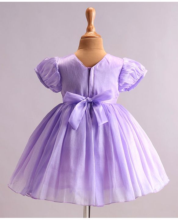 Babyhug Woven Half Puffed Sleeves Fit & Flared Party Frock with Floral Corsage - Lavender