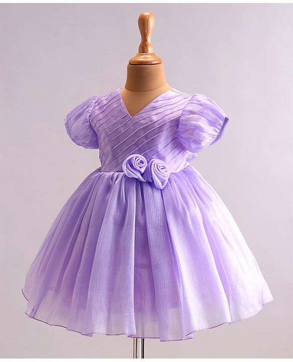 Babyhug Woven Half Puffed Sleeves Fit & Flared Party Frock with Floral Corsage - Lavender