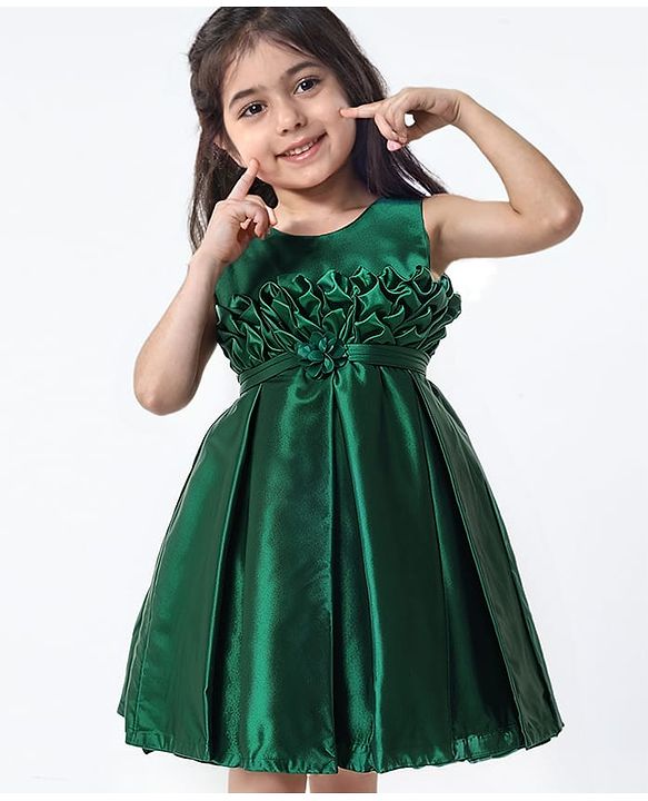 Babyhug Woven Sleeveless Solid Colour Party Frock with Textured Yoke & Corsage - Dark Green
