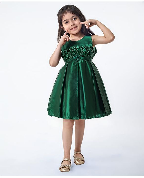Babyhug Woven Sleeveless Solid Colour Party Frock with Textured Yoke & Corsage - Dark Green