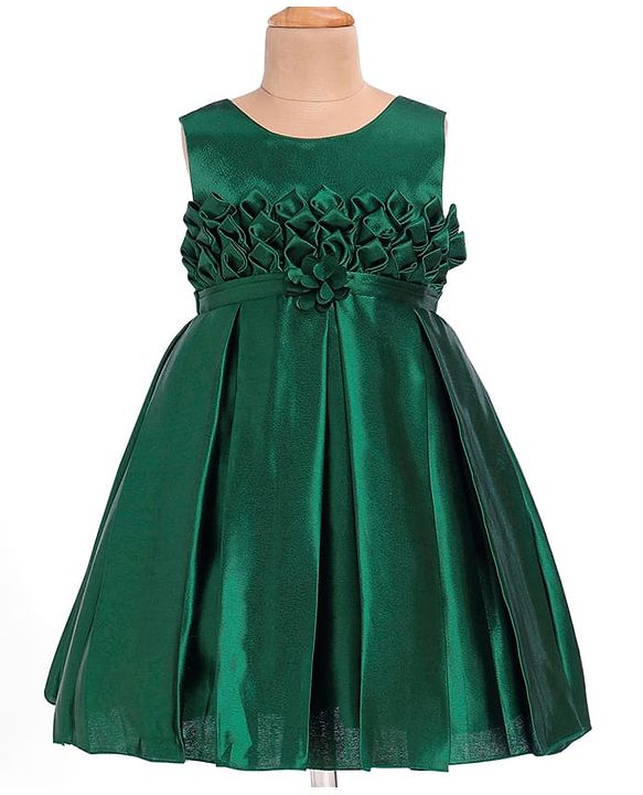 Babyhug Woven Sleeveless Solid Colour Party Frock with Textured Yoke & Corsage - Dark Green