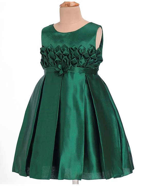 Babyhug Woven Sleeveless Solid Colour Party Frock with Textured Yoke & Corsage - Dark Green