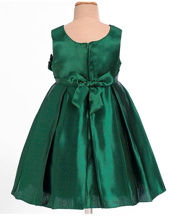 Babyhug Woven Sleeveless Solid Colour Party Frock with Textured Yoke & Corsage - Dark Green