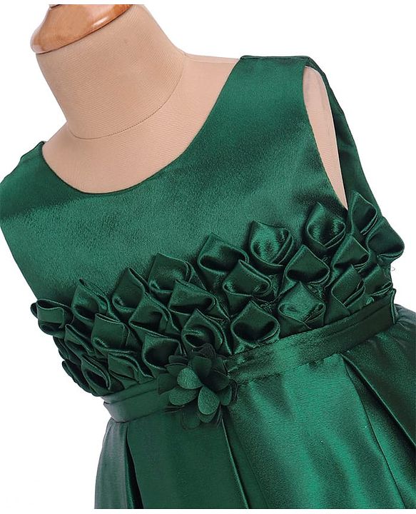 Babyhug Woven Sleeveless Solid Colour Party Frock with Textured Yoke & Corsage - Dark Green