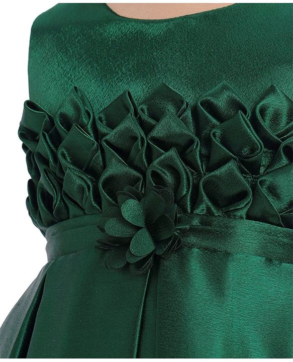 Babyhug Woven Sleeveless Solid Colour Party Frock with Textured Yoke & Corsage - Dark Green