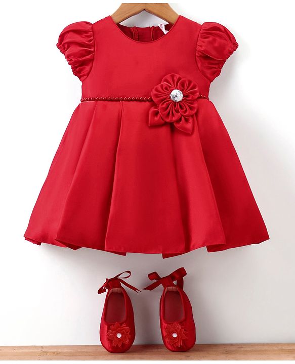 Babyhug  Woven Half Puffed Sleeves Fit & Flared Party Frock with Booties Floral Applique - Red
