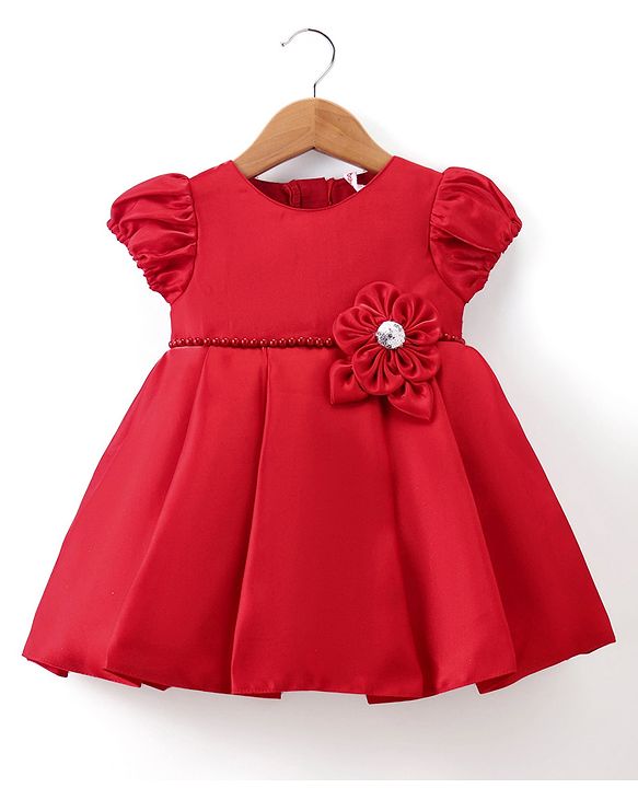 Babyhug  Woven Half Puffed Sleeves Fit & Flared Party Frock with Booties Floral Applique - Red