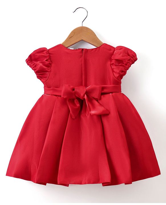 Babyhug  Woven Half Puffed Sleeves Fit & Flared Party Frock with Booties Floral Applique - Red