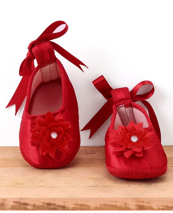 Babyhug  Woven Half Puffed Sleeves Fit & Flared Party Frock with Booties Floral Applique - Red