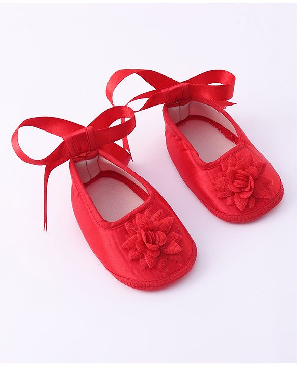 Babyhug  Woven Half Puffed Sleeves Fit & Flared Party Frock with Booties Floral Applique - Red