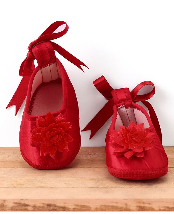 Babyhug  Woven Half Puffed Sleeves Fit & Flared Party Frock with Booties Floral Applique - Red