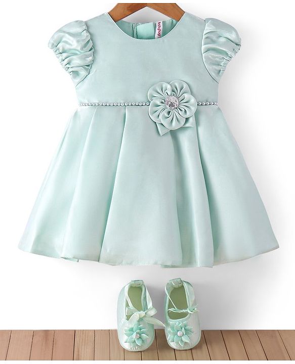 Babyhug  Woven Half Puffed Sleeves Fit & Flared Party Frock with Booties Floral Applique - Red