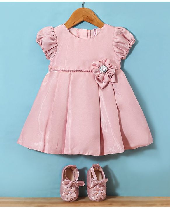 Babyhug  Woven Half Puffed Sleeves Fit & Flared Party Frock with Booties Floral Applique - Red