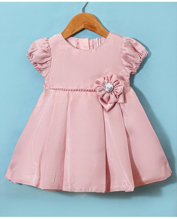 Babyhug  Woven Half Puffed Sleeves Solid Colour Party Frock with Floral Applique Lace Detailing & Pair of Booties - Sea Green