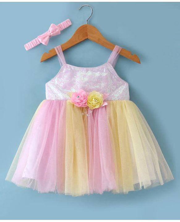 Babyhug Woven Sleeveless Mesh Dress With Sequinned Yoke & Headband - Multicolour
