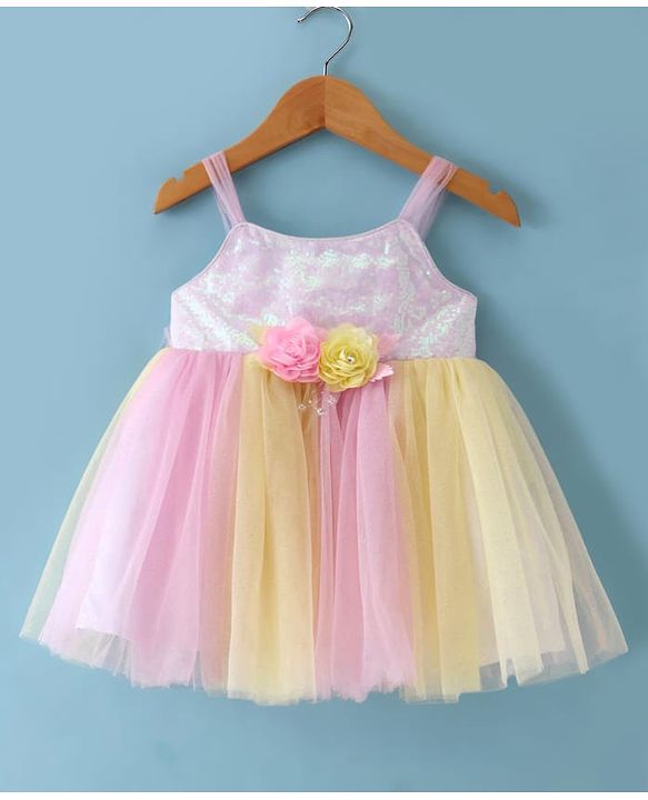 Babyhug Woven Sleeveless Mesh Dress With Sequinned Yoke & Headband - Multicolour