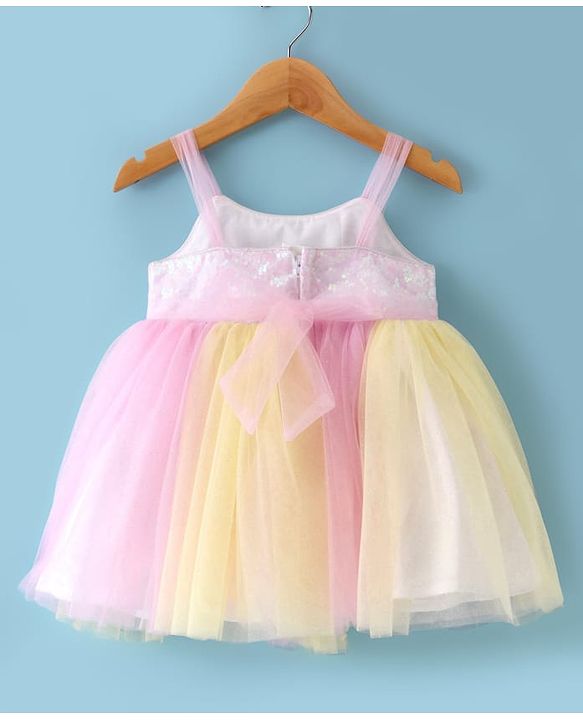 Babyhug Woven Sleeveless Mesh Dress With Sequinned Yoke & Headband - Multicolour