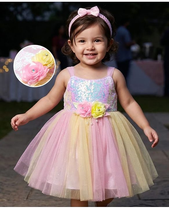Babyhug Woven Sleeveless Mesh Dress With Sequinned Yoke & Headband - Multicolour