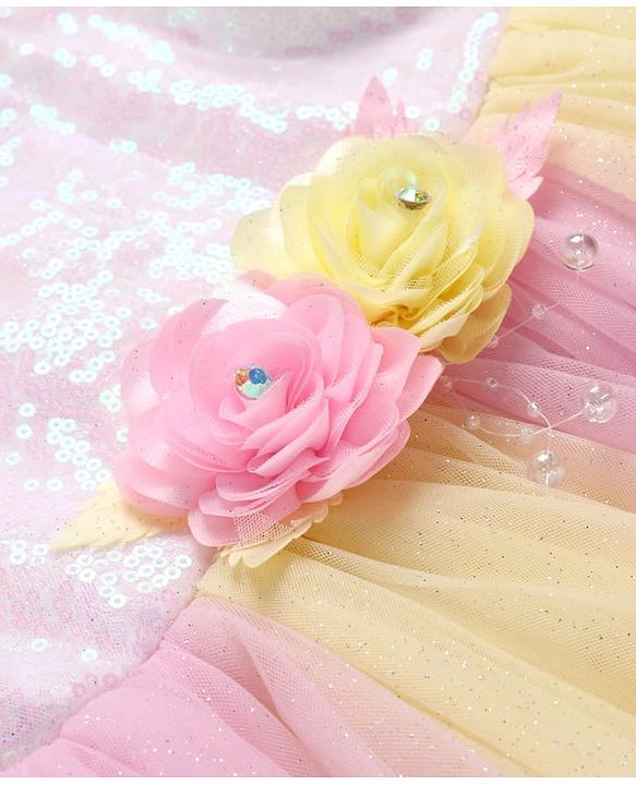 Babyhug Woven Sleeveless Mesh Dress With Sequinned Yoke & Headband - Multicolour